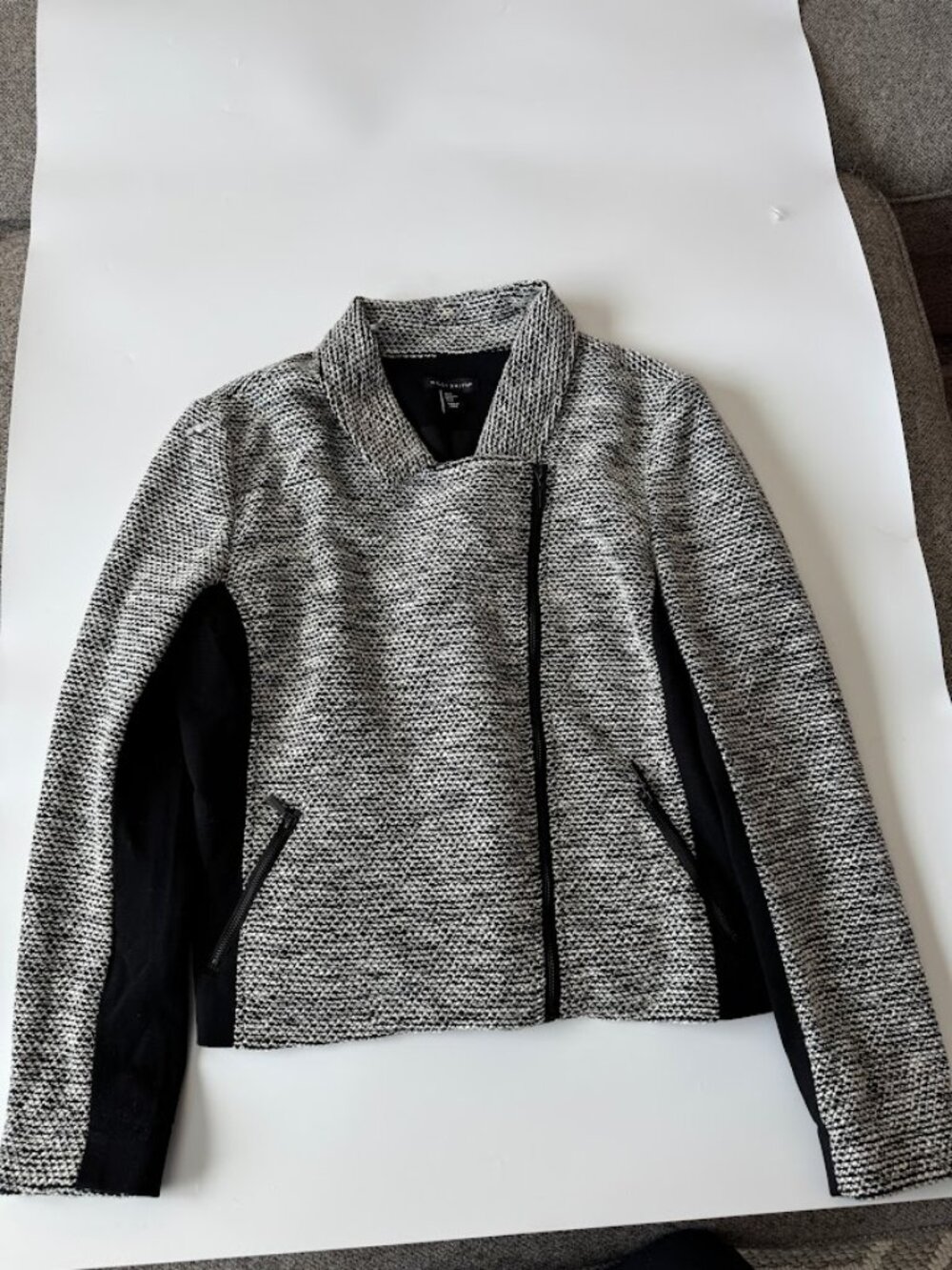 Willi Smith XL Black White Tweed Moto Jacket Black Panel Zip Pockets